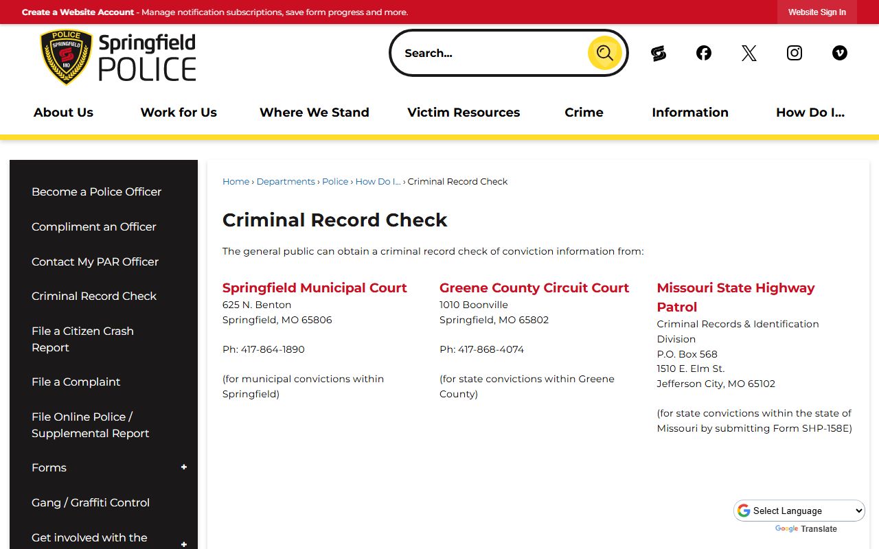 Springfield criminal record check portal for DUI records