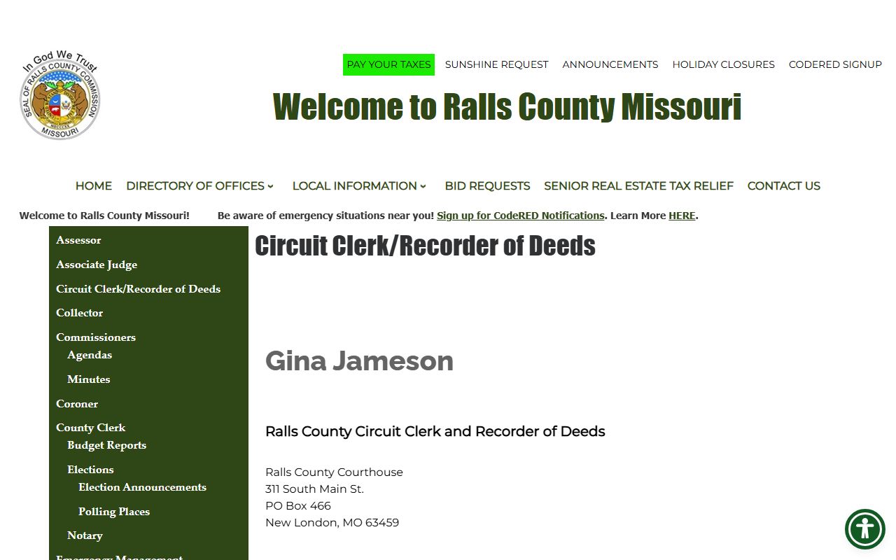 Ralls County Circuit Clerk office for DUI records in New London