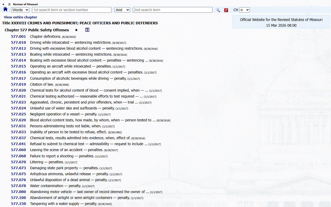 Missouri Revised Statutes Chapter 577 DWI laws governing DUI records